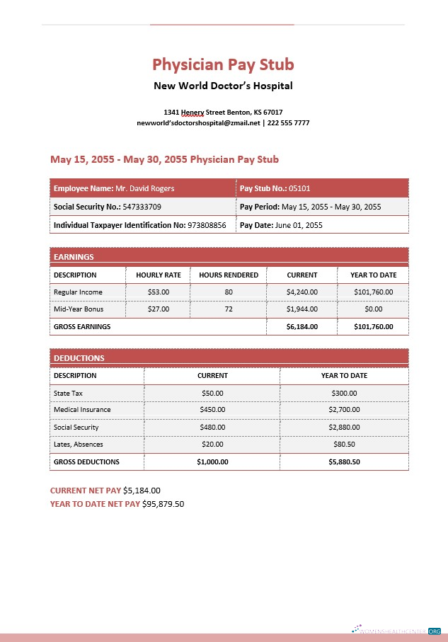 Download New World Doctor’s Hospital Physician Pay Stub in PDf and Word formats Photoshop template
